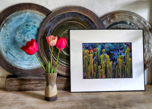 Image of a ceramics workshop with flower decorations and picture